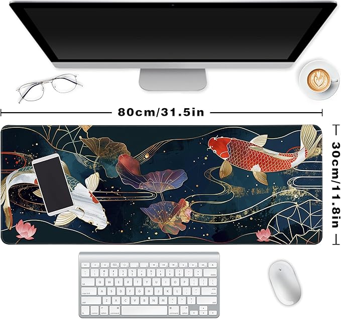 Long Gaming Mouse Pad Extended Anime Large Desk Pad with Non-Slip Base Full Keyboard Mat with Stitched Edges for Gaming and Office 31.5 x 11.8 inches (koi)