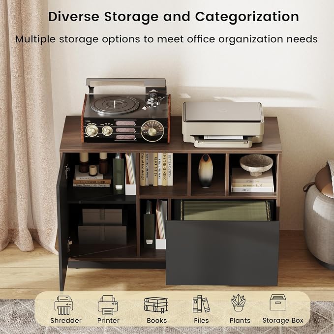 39" File Cabinet with Drawer, Office Storage Cabinet with Door | Home Office Printer Stand with Storage & Adjustable Shelves for Living Room, Entryway, Black Walnut