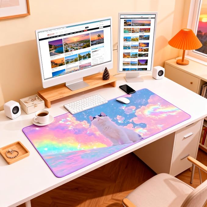 Cute Anime White Cat Gaming Mouse Pad, Sky Blue Dreamy Desk Mat with Anti-Slip Base & Stitched Edges, Office & Home Desk Decor for Women, 35.4" x 15.7" in Computer Desktop Mat