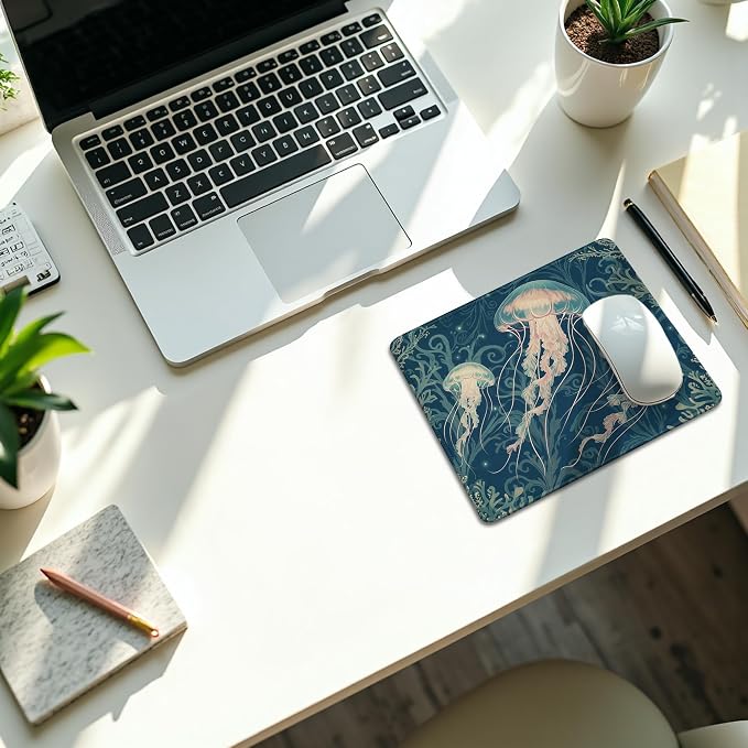 Ocean Jellyfish Mouse Pad, Jellyfish Gifts, Underwater Sea Seagrass Coral Mouse Pads Mousepad for Home Office Dorm Computers Laptop Supplies Desk Accessories, 9.5x7.9 Inch
