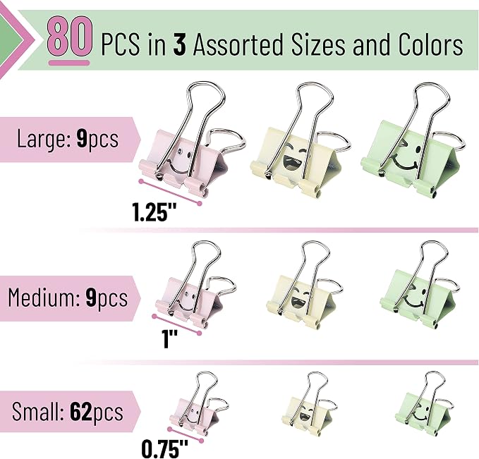 Mr. Pen- Cute Binder Clips, 80 pcs, Assorted Sizes | Smiley Binder Paper Clips, Bulk Paper Clamps for Office Supplies, Home, School, Business, Document Organizing