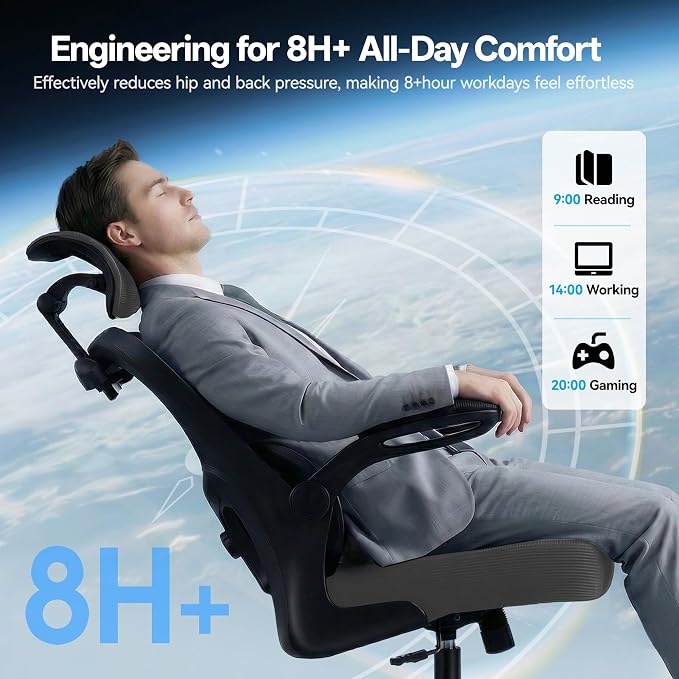 Office Chair Ergonomic Desk Chairs with Adjustable Lumbar Support& Headrest Hanger, High Back Breathable Mesh Chair with Wheels, Rolling Swivel Comfy Task Computer Chair for Home Work Gaming