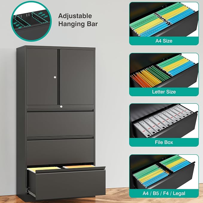 3 Drawer Lateral File Cabinet with Lock and Shelf,Black Metal Filling Cabinet with Drawers and Shelf, Locking File Storage Cabinets with Doors and Shelves for Home,Office,Garage,School