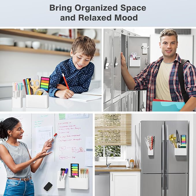 MoKo Magnetic Pen Holder Set, 3-Pack with Eraser, White | Magnetic dry erase marker holder set has one large divided organizer, two small holders and one eraser.