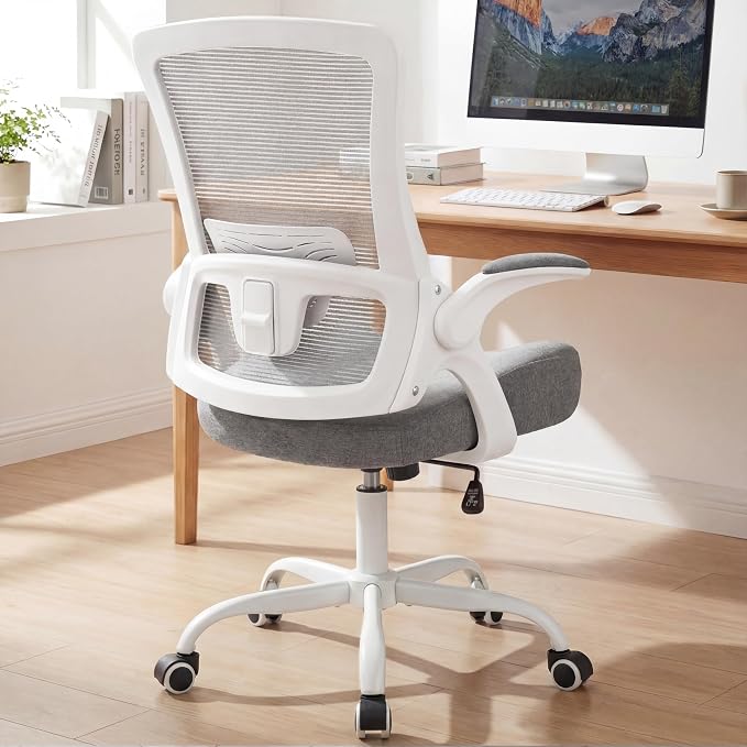NEO CHAIR Office Desk Mesh Chair with Adjustable Ergonomic Lumbar, Grey | Breathable Mesh Back Support with Flip-Up Armrests and Wide Seat Cushion for Comfortable Home Office Work and Gaming Setup