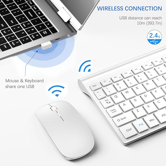 Wireless Keyboard and Mouse Ultra Slim Combo, TopMate - Matte White | 2.4G Silent Compact 2400DPI Mouse and Scissor Switch Keyboard Set with Cover, Batteries Included, for PC/Laptop/Windows/Mac
