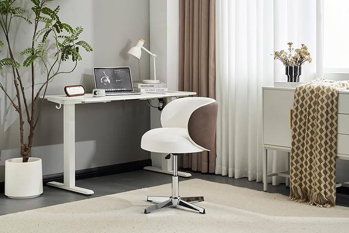 VINGLI Cute Small Swivel Desk Chair Comfy no Wheels,Ergonomic Low-Back Lumbar Support Vanity Nail Tech Computer Task Stool Chair for Home Office,Height Adjustable,PU Leather White&Suede Khaki