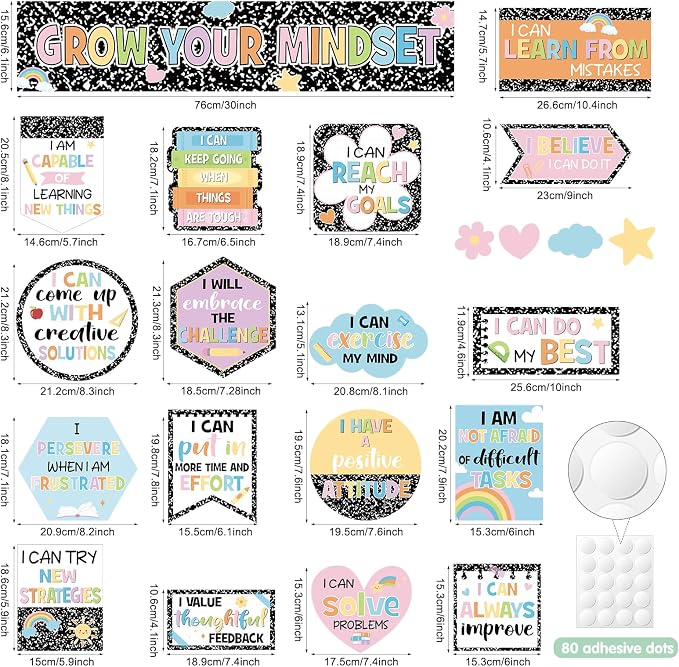24Pcs Composition Classroom Bulletin Board Decor Girl Style Grow Your Mindset Positive Sayings Accent Cutouts Inspirational Bulletin Board Sets for School Students Teacher Office Home Wall Supply