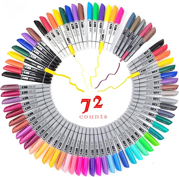 Permanent Markers 72 Assorted Colors with Fine Tip, Ultra Fine, Chisel Tip | Waterproof Colored Pens Set with 45 Fine Point, 8 Ultra Fine, 8 Chisel Tip, 6 Neon, 5 Metallic Art Markers for Adult Coloring