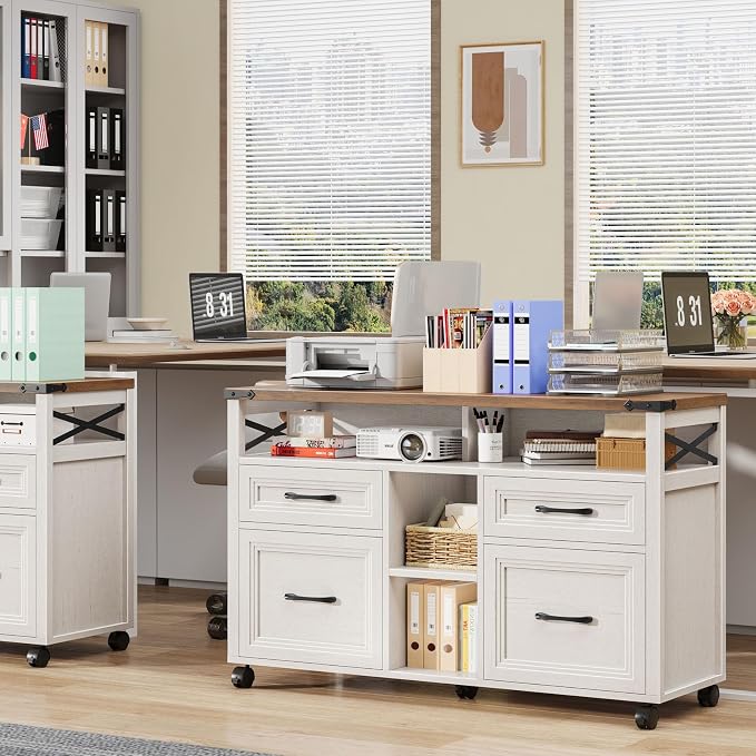 Halitaa Farmhouse Filing Cabinet with Adjustable Shelf & Wheels, Off White | Lateral File Cabinets, Office Storage Cabinet with 4 Drawers, Open Storage Space, for Hanging Files A4/Letter for Home Office
