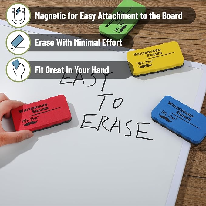 Mr. Pen- Magnetic Dry Erase Erasers, 4"x2.25", 8 Pack | Colorful Magnetic Whiteboard Erasers for White Board, Classroom, Home, Office, Back to School Supplies