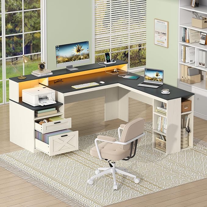 63" Farmhouse L Shaped Desk with Drawers & Storage Shelves for Home Office | Corner Desk with Outlets & LED Lights, L-Shaped Office Desks with File Drawer, Printer Shelf, Monitor Stand, Black & White