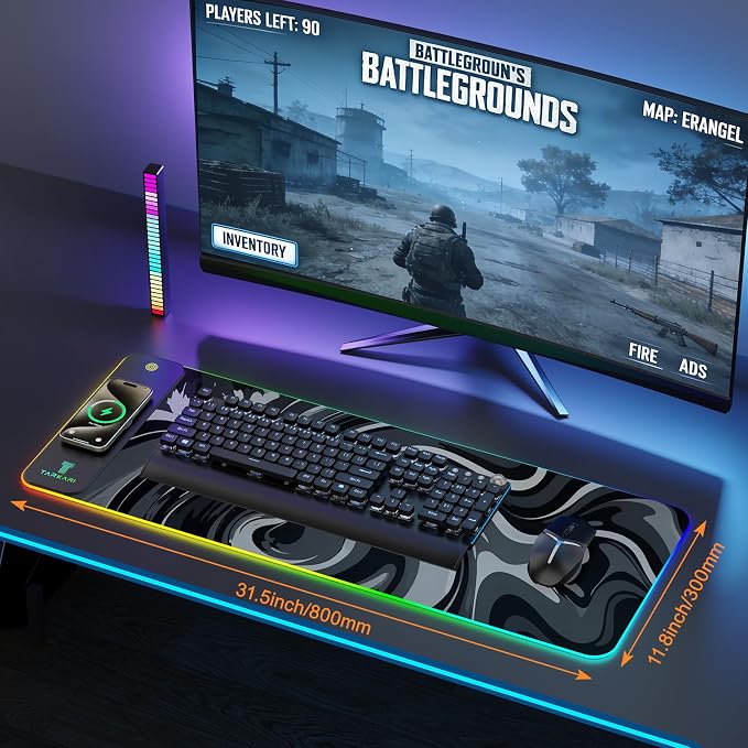 TARKARI Magnetic Wireless Charging RGB Mouse Pad, Large Gaming Desk Mat Waterproof, 31.5"x11.8" Black Mousepad, Ultra-Smooth Surface, Non-Slip Rubber Base, Desk Pad for Keyboard Laptop