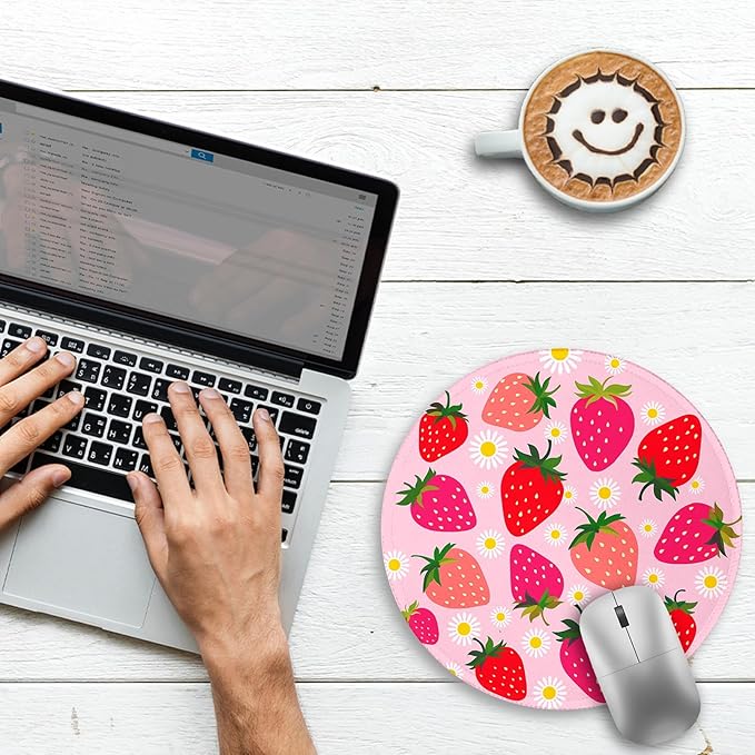 Gctriki Strawberry Mouse Pad, with Stitched Edge Non-Slip Rubber Base, Small Round Comfortable Computer Mousepad for Laptop Gaming Work, Pink Office Desk Accessories - Valentine's Day Gift for Her