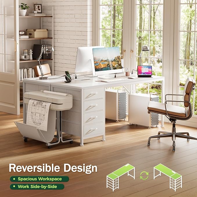 55.1 Inch Computer Office Desk with Power Outelts and USB-C Port, Reversible Gaming Desk with 4 Fabric Drawers, Work Study Desk Work from Home, White