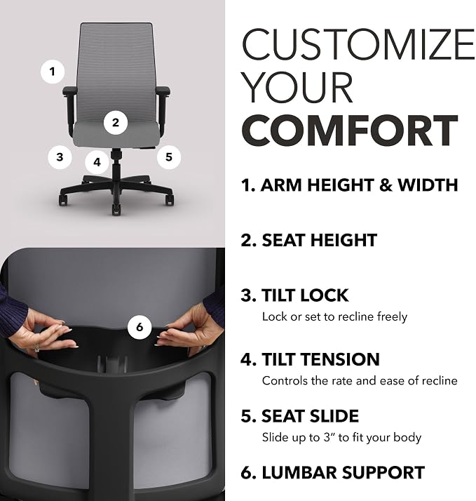 HON Ignition 2.0 Ergonomic Office Chair, Lumbar Support, Desk Chair, Frost | Ergonomic office desk chair with lumbar support, adjustable arms, office decor, workstation comfort for focused productivity