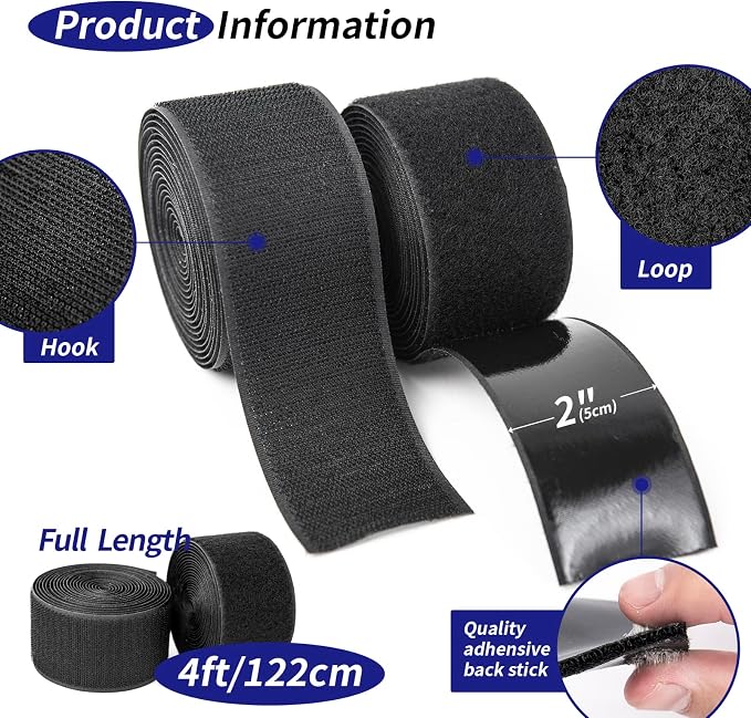 Art3d 4ft x 2 in. Hook and Loop Rolls Sticky Back, Heavy Duty | Double-Sided, Adhesive Strip, Nylon, Picture Hanging Strips Fastener for Mounting Hanging, Glass, Tile, Metal, Home, Office