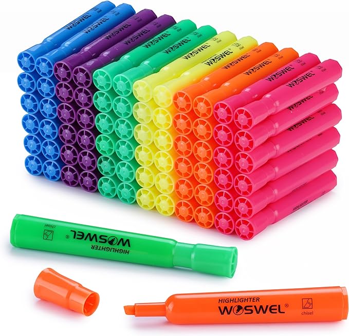 WOSWEL Highlighters Bulk, 72 Pack Tank Style Highlighters Assorted Fluorescent Colors Set, 6 Bright Colors Chisel Tip Highlighter Markers for Kid and Adult Coloring, Highlighting as School Supplies