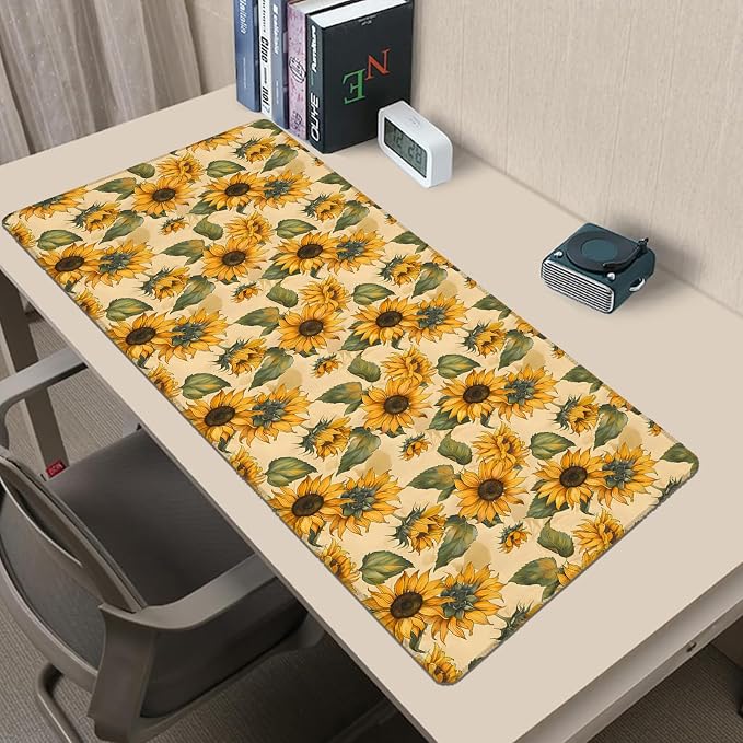 Sunflower Extended Mouse Pad 31.5x11.8in, Yellow Floral Leaf Pattern Large Desk Mat with Non-Slip Rubber Base, Big Mousepad for Laptop Computer PC, Gaming Office Home Decor, Deskmat Gifts