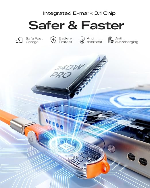 LOOHOI 240W Fast Charging USB-C to USB-C Cable with Built-in Phone Stand | Soft Silicone Invisible Stand Fast Charging Cord for Gaming, Desk Setup & Hands-Free Viewing (5FT, Orange)
