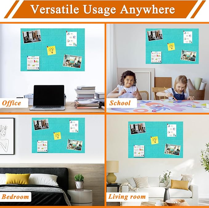 Large Square Felt Cork Board Tiles, Self Adhesive DIY Felt Bulletin Board Pin Board with 35 Pushpins for Office School Home Wall Decor Stickers Memos Photos Display (Teal)
