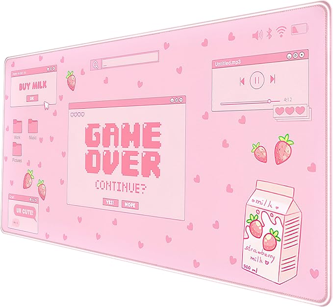 Pink Kawaii Anime Gaming Mouse Pad XXL, Strawberry Milk Mousepad Large, Aesthetic Laptop Keyboard Mats, Full Desk Mouse Mat for Women Girl 31.5X15.7 in