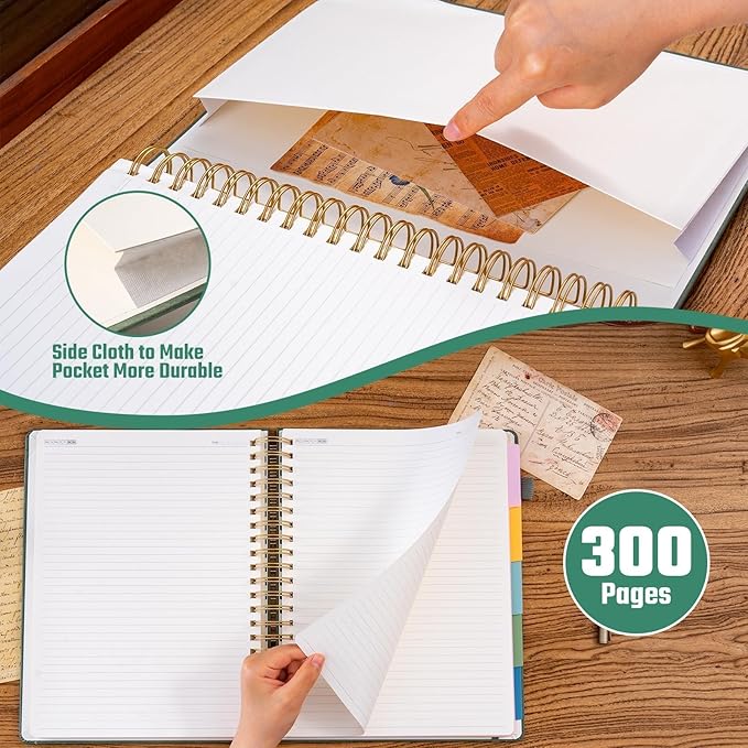 Hardcover Spiral Notebook 8.5" x 11" with 5 Removable Dividers 300 Pages Leather 5 Subject Notebook College Ruled 100GSM Large Spiral Notebooks for Work Thick Lined Journal for Women, Green