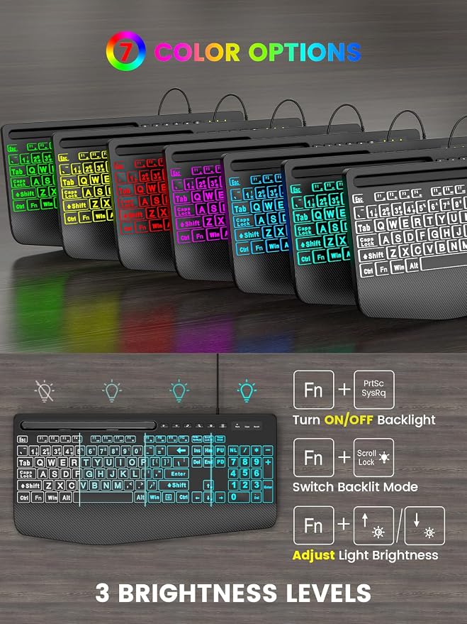 SABLUTE Large Print Wired Keyboard, Ergo Wrist Rest, 7 Colors Backlight | K21 Pro Computer Keyboards with Phone Holder, Oversized Letter keys Easy to See and Type for Laptop, PC, Windows, Black