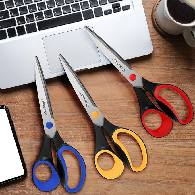 OneName 8" Heavy Duty Scissors All Purpose for Office School Crafts,Black | 3 Pack,Ergonomic Comfort Grip,Ultra Sharp Pointed Tip,Left & Right Handed,Cutting Paper Fabric Packaging,for home