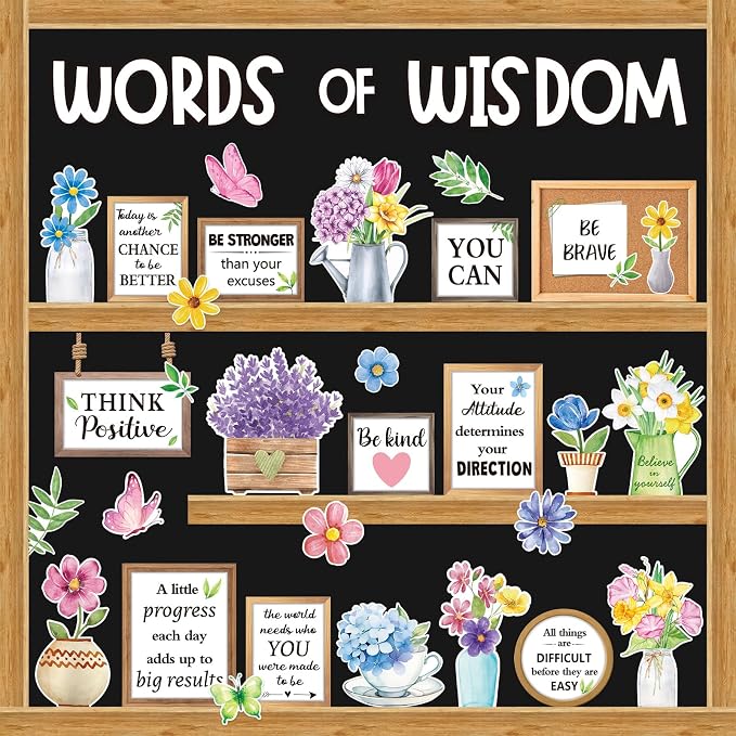 Mooliwe 57 Pcs Spring Bulletin Board Set Motivational Flower Cutouts | Positive Quotes with Floral Designs, Classroom Wall Decor for Teachers, Inspirational Cutouts for School Office Decoration