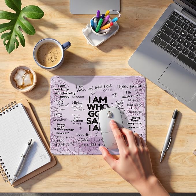 Inspirational Christian God Says I Am Mouse Pad, Purple Floral Bible Verse Affirmation Mouse Pads Mousepad for Home Office Dorm Computers Laptop Supplies Desk Accessories, 9.5x7.9 Inch