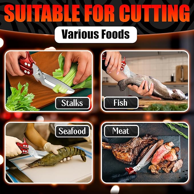 4-in-1 Kitchen Shears Heavy Duty – Sharp Seafood, Poultry Shears & Chicken Scissors with Non-Slip Metal Handle & Micro-Serrated Blades for Meat – Spring-Loaded Bone Cutting Scissors with Safety Lock