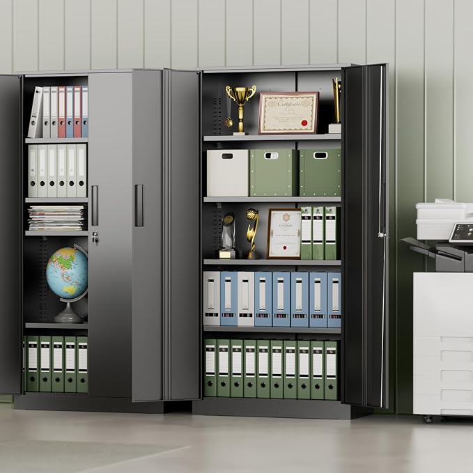 Metal Storage Cabinet with Lock, 72" H Lockable Metal Storage Cabinet with Locking Doors, Steel Storage Lockers with Adjustable Shelves for Office, Home, Garage, Gym, School (Black)