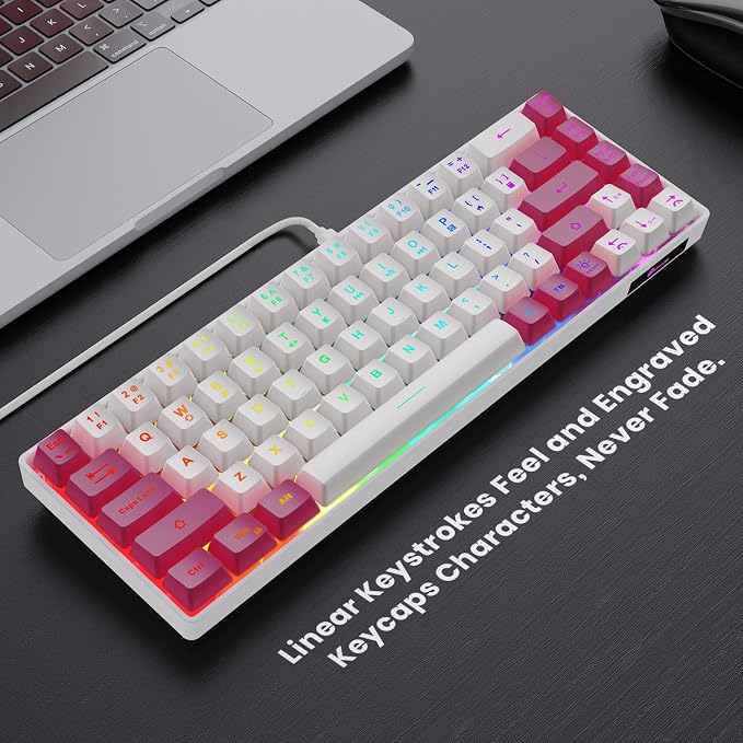 GEODMAER 65% Gaming Keyboard, LED Backlit Mini Wired Keyboard, Ultra-Compact Anti-Ghosting No-Conflict 68 Keys Membrane Gaming Wired Keyboard for PC Laptop Windows Gamer(White-Pink)