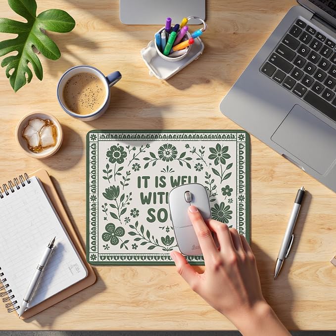 Green Floral Christian Mouse Pad for Desk 9.5x7.9,Christian Desk Decor