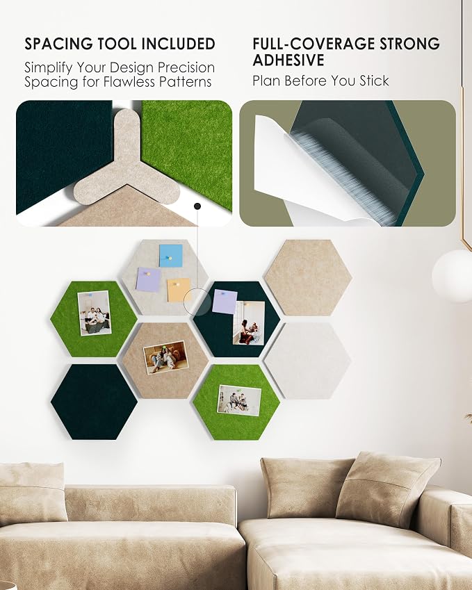 MaxGear Hexagon Bulletin Board, 8Pcs Wall Panels Office Decor Gradual Green | Large Cork Boards For Walls Alternative, Hexagon Felt Wall Tiles Vision Board Pictrure Room Wall Decor With Push Pins