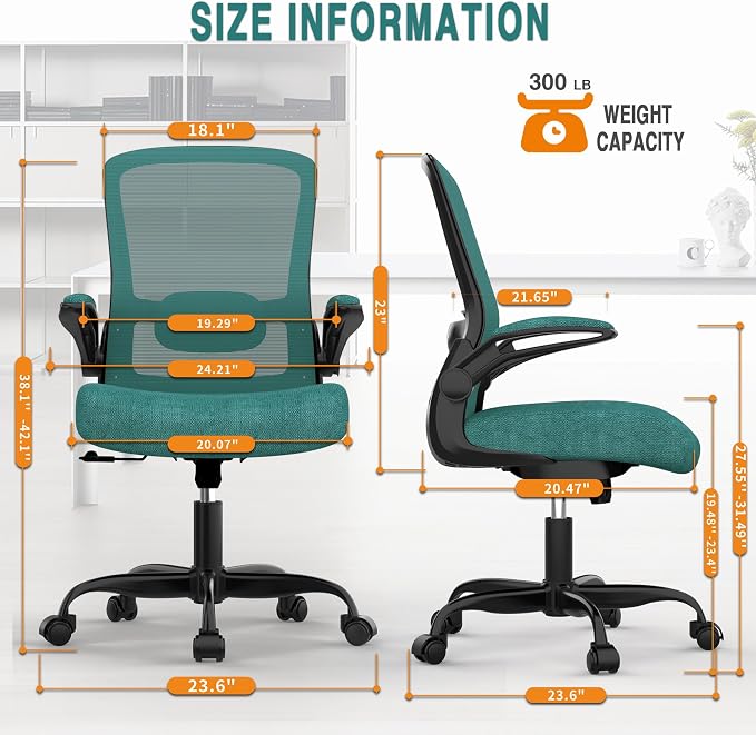 Ergonomic Office Chair w/Adjustable Lumbar, Flip Armrest, 135° Recline | Supports 300 lbs · Seat 19.48"–23.4" · Breathable mesh · 20–30 min assembly · 5-year warranty