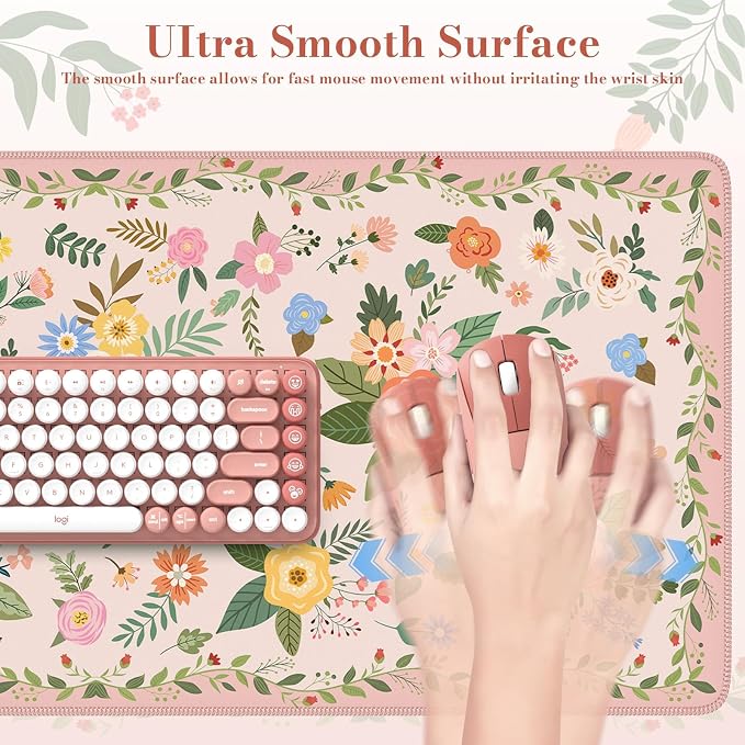 iCasso Floral Desk Mat for Keyboard and Mouse, Pink Floral | Cute Gaming Mouse Pad,Anti-Slip Soft Lycra Surface Computer Mat Women,Girly Big Mousepad for Home Office