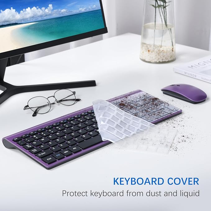 Wireless Keyboard and Mouse Ultra Slim Combo, TopMate - Purple Black | 2.4G Silent Compact 2400DPI Mouse and Scissor Switch Keyboard Set with Cover, Batteries Included, for PC/Laptop/Windows/Mac