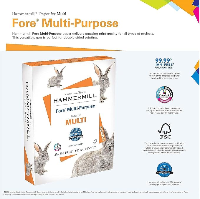 Hammermill Printer Paper, Fore Multipurpose 24 lb Copy Paper, 8.5 x 11 - 1 Ream (500 Sheets) - 96 Bright, Made in the USA