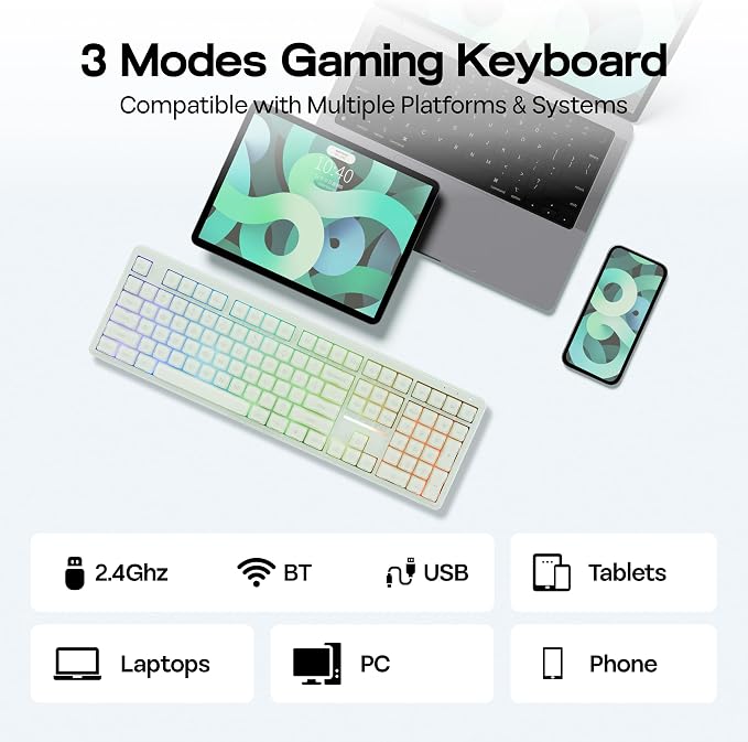 MechLands M108 100% Full Size Silent Office Keyboard with Number Pad | Wireless Creamy Membrane Keyboard with 5000mAh Battery for Office/Home/PC Game, RGB Backlight, 26-Key Rollover (Green)