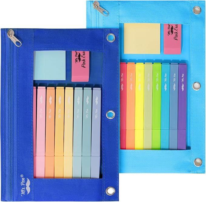 Mr. Pen- Pencil Pouch for 3 Ring Binder, 2 Pack, 10"x6.75", Smooth Zipper | Clear Window, Large Capacity Pencil Case with 3 Reinforced Grommets for School, Office, Supplies Storage