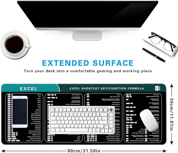 Excel Cheat Sheet Desk Pad, 31.5"x11.8", Waterproof Extra Large Excel Shortcut Mat with Stitched Edges, Anti-Slip Excel Mouse Pad for Office Desk, MS Excel/Word Shortcuts (Green Excel I)