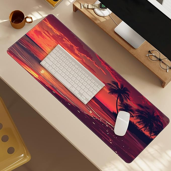 Sunset Beach Mouse pad with Tropical Ocean Landscape and Non-Slip Rubber Base Design for Personalized Office Desktop Decoration Accessories 31.5 x 11.8 in
