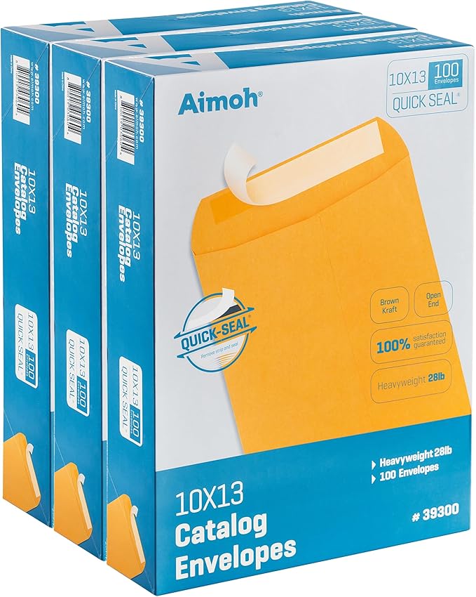 Aimoh 10 x 13 Self-Seal Brown Kraft Catalog Envelopes - 28lb, 300 Count, Ultra Strong Quick-Seal, 10x13 inch - (39300-CS)