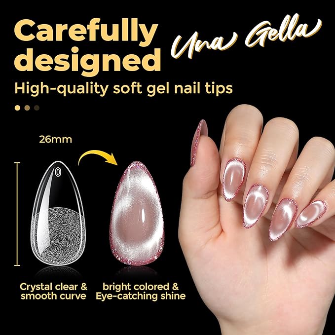 UNA GELLA Medium Almond Nail Tips, Almond Gel Nail Tips, 240pcs Pre Etched Soft Gel Full Cover Press on Clear Acrylic Fake Nails for Nails Extensions No C Curve DIY Salon at Home 12 Sizes