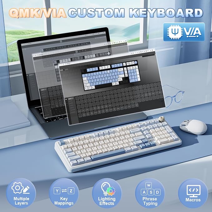 YUNZII B98 PRO 96% Wireless Mechanical Keyboard(Blue, Candy Switch) | QMK/VIA, with Numpad, Dual-Style Knob Design, Creamy Pre-Lubed Switches, Hot Swap, Gasket Mount, RGB for Gaming/Win/Mac