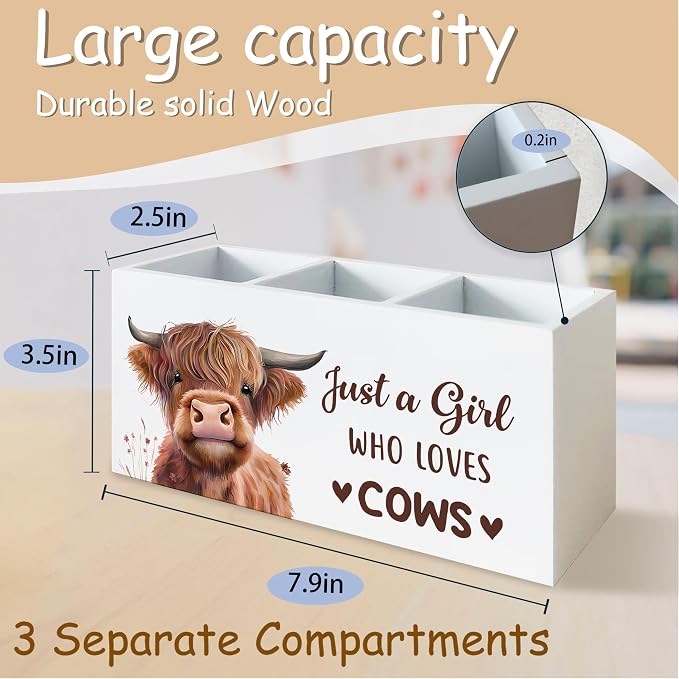 Highland Cow Pen Pencil Holder Organizer for Desk, Highland Cow Gifts for Women Girls, Just a Girl Who Loves Cows Farmhouse Wooden Box Block Sign for Home Classroom Dorm Office Tabletop Decor