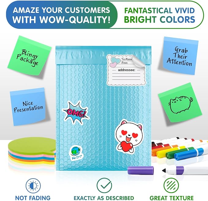 Poly Bubble Mailers, 8.5 x 12 Inch Light Blue Padded Mailers, Self Seal Shipping Envelopes, Lightweight Poly Mailer Bags, Waterproof Mailing Bags, Pack of 200