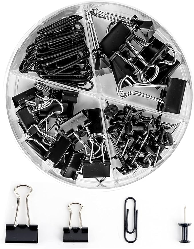 Paper Clips Binder Push Pin Set, Assorted Sized Binder Clips | Cute Office Supplies, Aesthetic Desk Accessories Teachers Desk Must Have, Paper Clips and Binder Clips Set, Black, 1 Pack